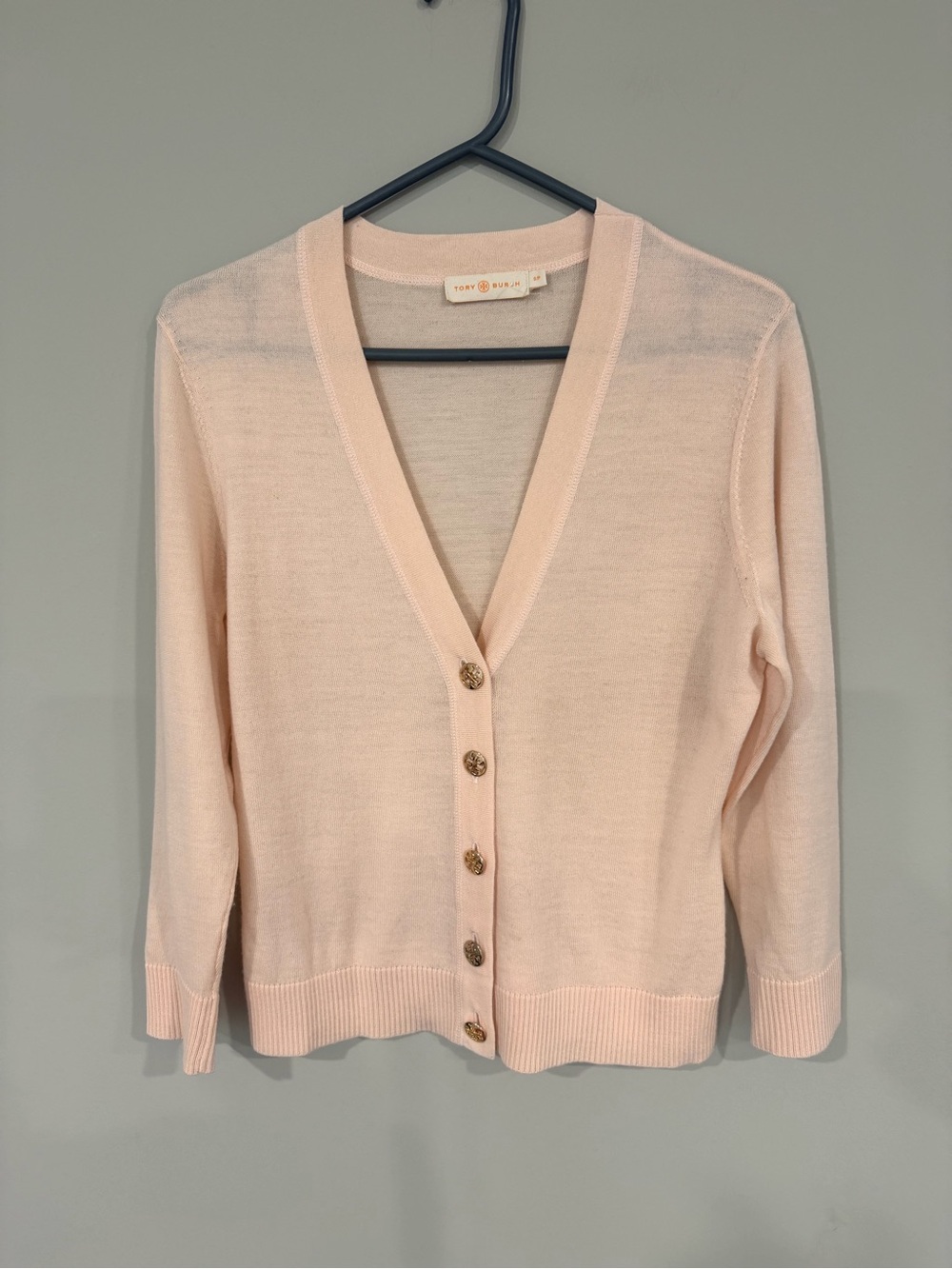 Tory Burch Pale Pink V-Neck Button Front Cardigan with Gold Buttons Size S